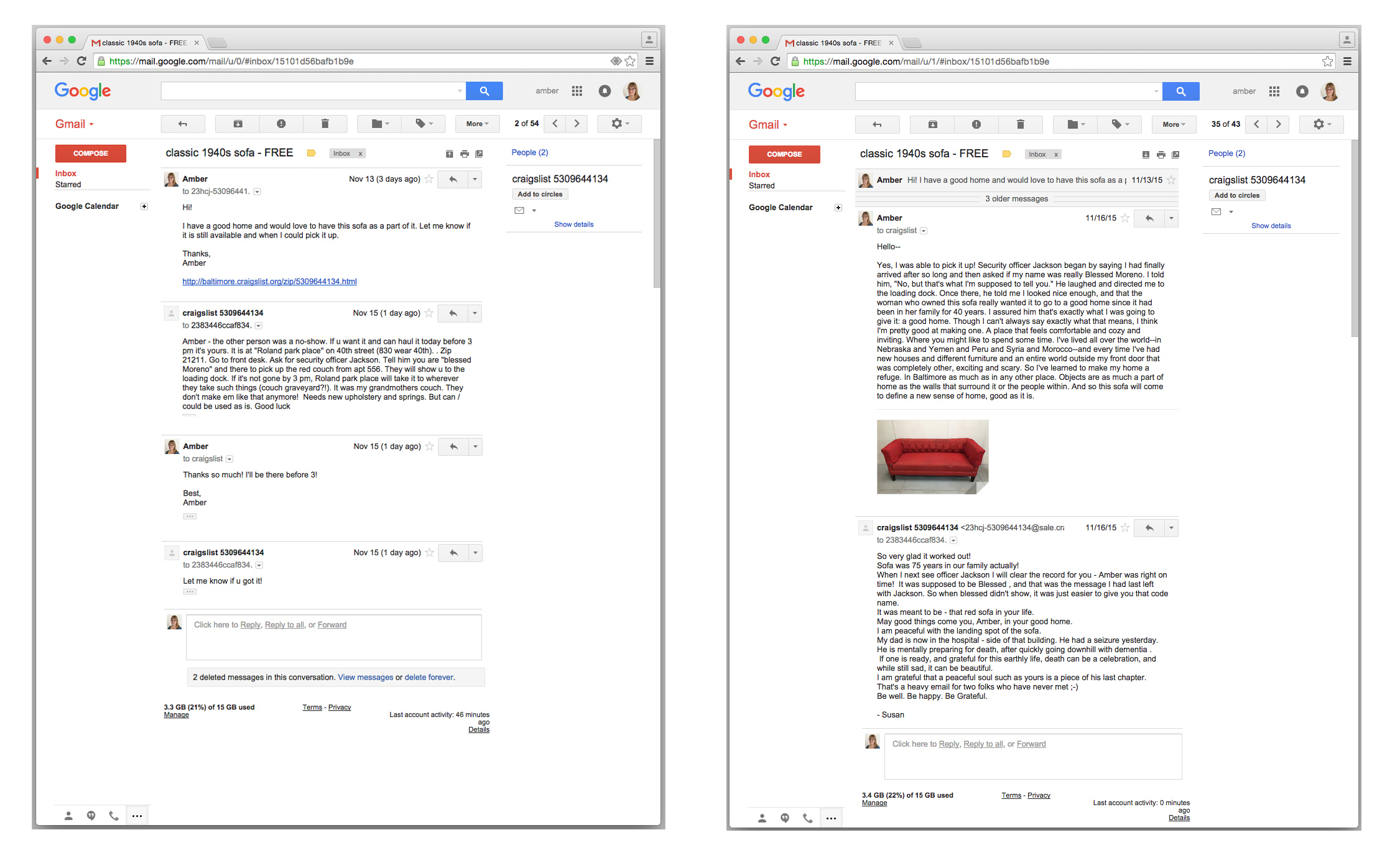 Screenshots of email exchanges in two-page spread layout