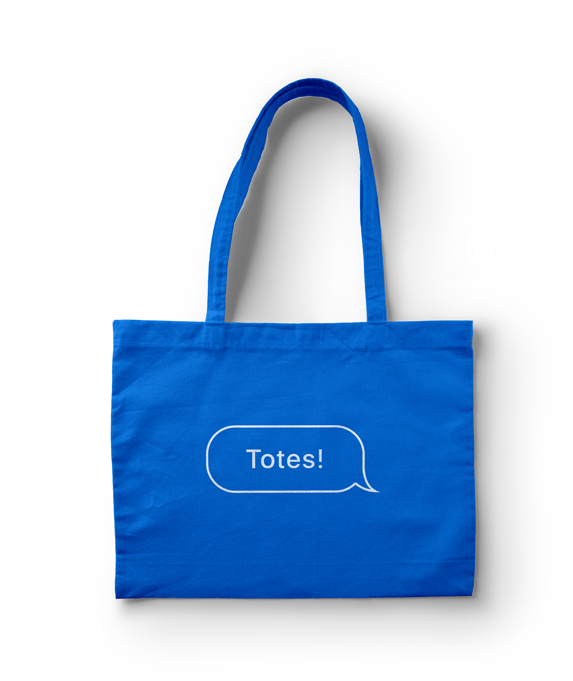 Blue tote bag that says 