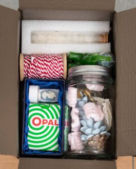 Objects packed tightly into a brown box including a box with green circles, a red and white spool of thread, and a jar filled with pink packing peanuts and a blue-painted pine cone