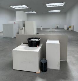 Gallery space with many white pedestals and small objects scattered on top of them and throughout the space