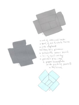 Simple drawing of three-dimensional box shapes with their tops open and a poem written in the center of the page